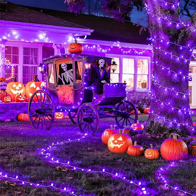 JMEXSUSS 33ft 100 LED Purple Lights for Halloween Decorations, Purple Battery Operated Lights with Remote Indoor Outdoor, String Lights for Halloween Christmas Decor