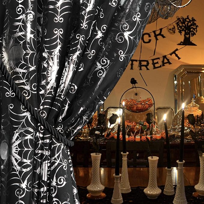 NICETOWN Black Sheer Halloween Curtains with Silver Spider Foil Print, Grommet Flowing Voile Sheer Window Treatment for Gothic Bedroom, W54 x L84, 2 Panels