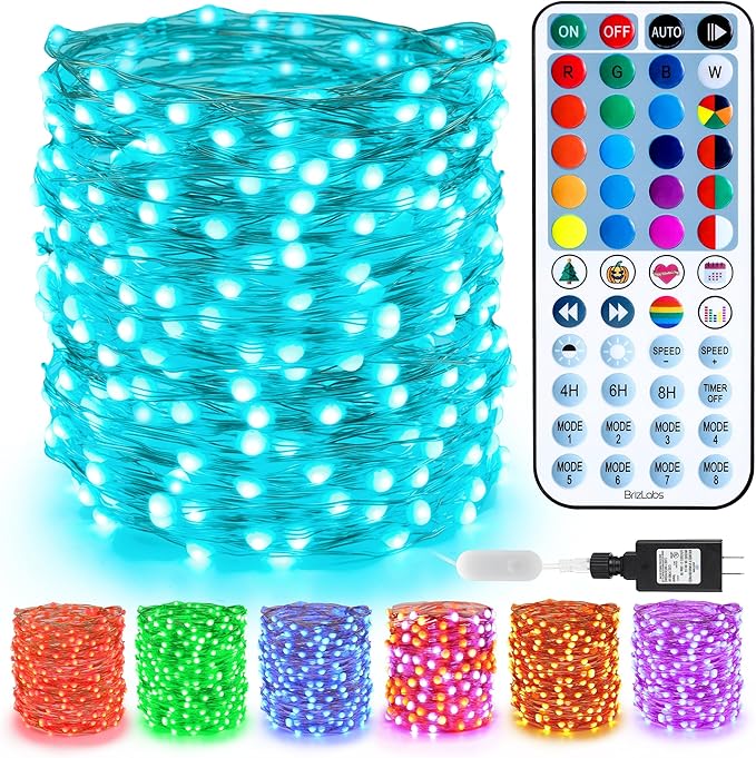 BrizLabs Christmas Fairy Lights - 66ft 200 LED Color Changing Fairy Lights with Remote, Plugin RGB Rainbow Christmas Twinkle Light White & Red Starry Xmas Light for Xmas Halloween Home Party Wedding