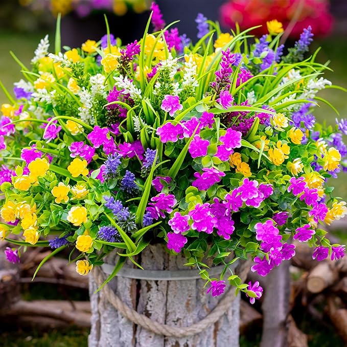 Artificial Flowers Outdoor Fake Plants - 12 Bundles UV Resistant Shrubs No Fade Faux Plastic Greenery Home Garden Porch Patio Decoration Indoor (1, Multi-12pcs)