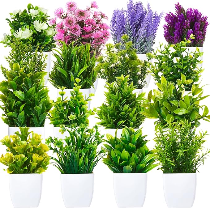 Mimorou 16 Pcs Small Fake Plants Mini Artificial Potted Plants Faux Pot Flowers Indoor Plastic Eucalyptus Greenery for Home Bathroom Living Room Office Decor