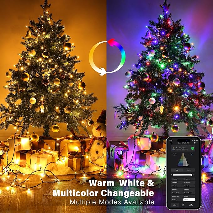 ODEETRONIC Smart Christmas Tree Lights, 98 ft 300 LED Color Changing Christmas Lights, Warm White & Multicolor Mini String Light, Music Xmas Fairy Light for Indoor Outdoor Decor, APP/Voice Control