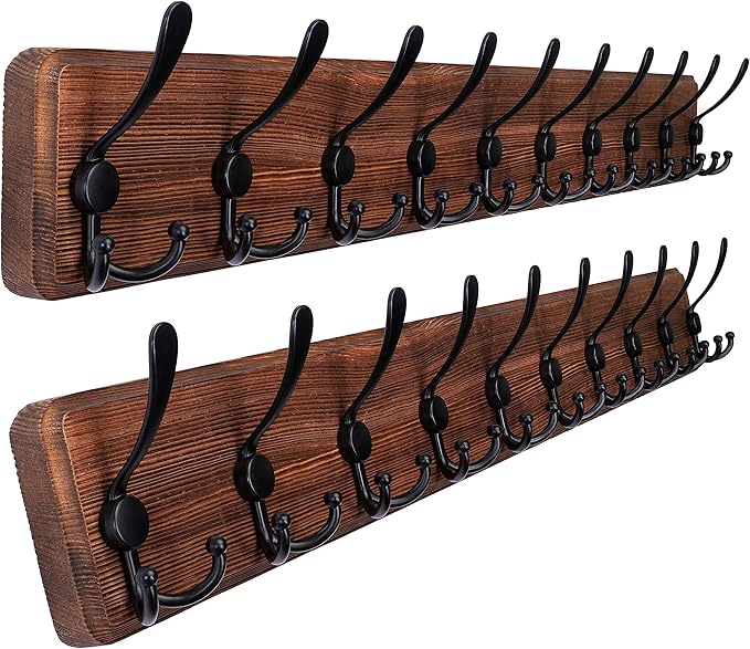 SKOLOO Rustic Large Wall Mounted Coat Rack-38.6'' Long Coat Rack for Wall, Pine Solid Wood Coat Rack Hook, Farmhouse Coat Hanger Wall Mount for Hanging Jacket Coat Hat, Pack of 2