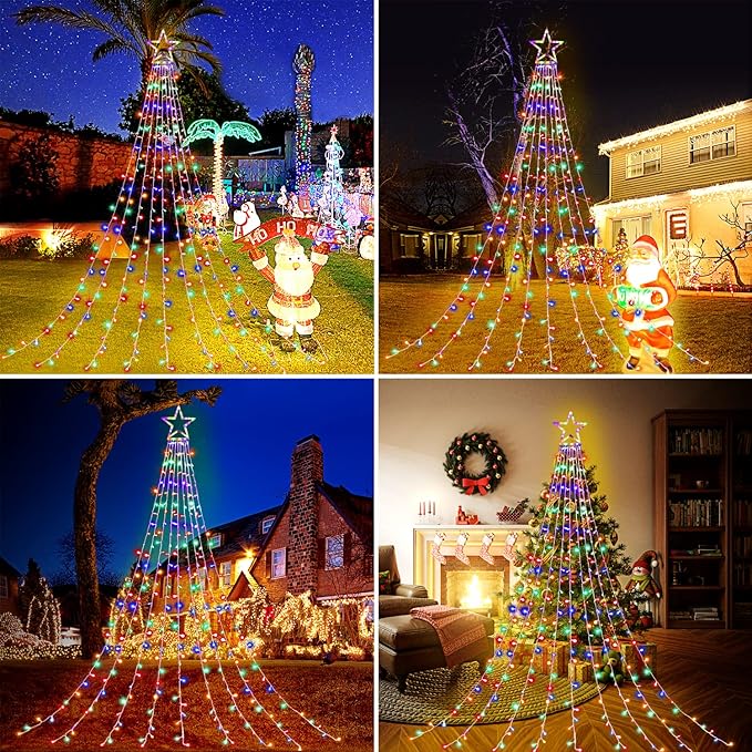 FUNIAO (New) Christmas Lights, Outdoor Christmas Decorations, 320 LED Waterfall String Lights, 8 Light Modes Chrsitmas Lights with 12" Star Tree Topper for Yard, Wedding, Party, New Year (Multicolor)