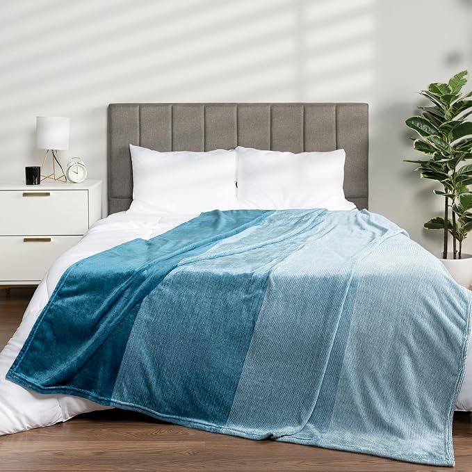 Pavilia Blue Ombre Fleece Blanket for Twin Size Bed, Soft & Cozy Microfiber Gift Decorative Blanket, 60x80