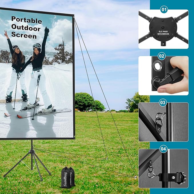 Outdoor Projector Screen with Stand 150 inch 16:9, Portable Projector Screen, 1.5 High Gain Fiberglass, Sturdy Backing, Wind-Resistant Movie Screen, Tripod/Wall Mounted, for Home Cinema/Backyard Party