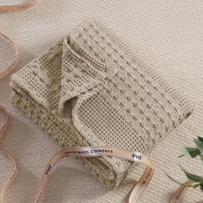 PHF 100% Cotton Waffle Weave Throw Blanket, Soft Lightweight Breathable Cozy Throws for Couch Bed Sofa, Luxury Aesthetic Woven Blanket for Home Decor & Office, 50"x60", Taupe