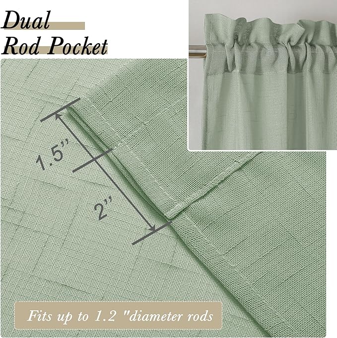 Aiyufeng Kirei Sage Green Linen Sheer Curtains 63 inch Length - Premium Flax Linen Material Soft Semi Sheer Half Privacy Protected for Livingroom, Bedroom, Farmhouse, W 40 x L 63 inch, 2 Panels