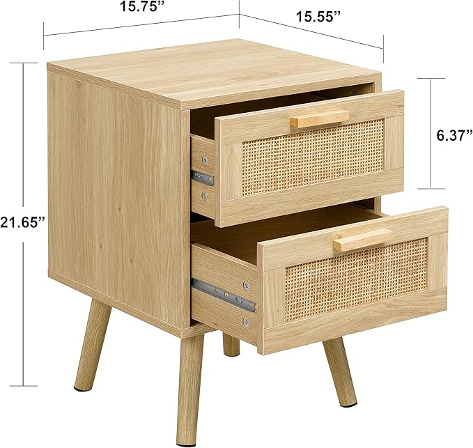 Finnhomy Nightstand, End Table, Side Table with 2 Hand Made Rattan Decorated Drawers, Wood Accent Table with Storage for Bedroom, Natural (Patented)