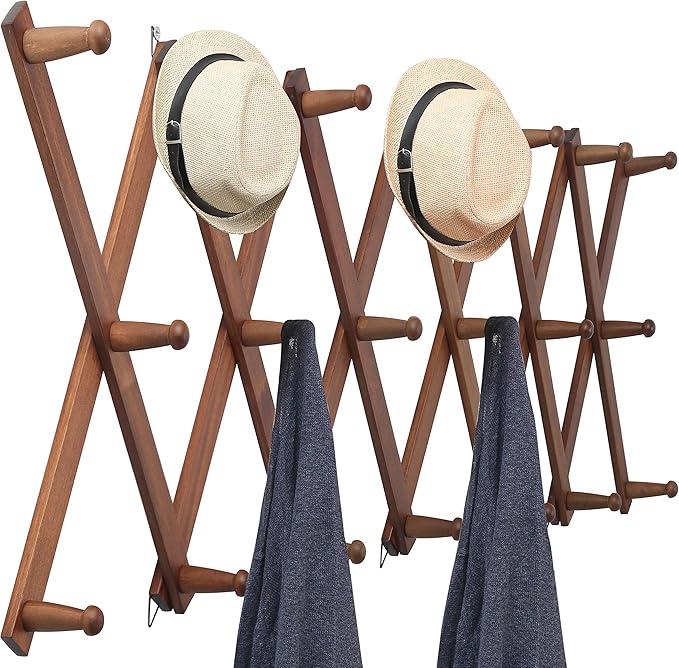 WEBI Accordion Wall Hanger,Expandable Wooden Coat Rack Wall Mounted,Accordion Hat Rack for Wall,Accordion Hook Rack for Hats,Caps,20 Peg Hooks,Walnut Color