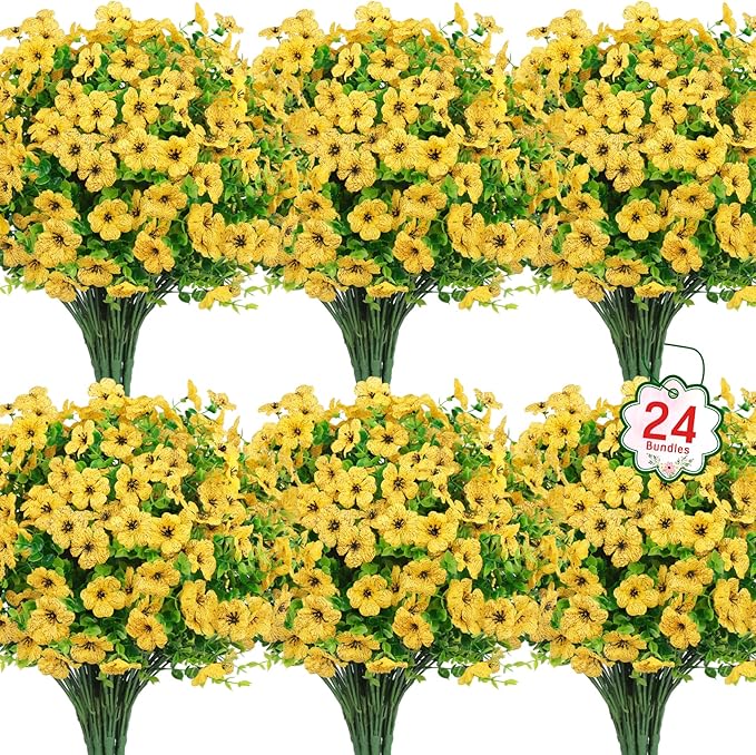 Ouddy Decor 24 Bundles Artificial Flowers for Outdoors Fake Silk Flowers UV Resistant Faux Plastic Plants for Spring Summer Garden Porch Window Box Table Vase Home Indoor Outdoor Decoration, Yellow