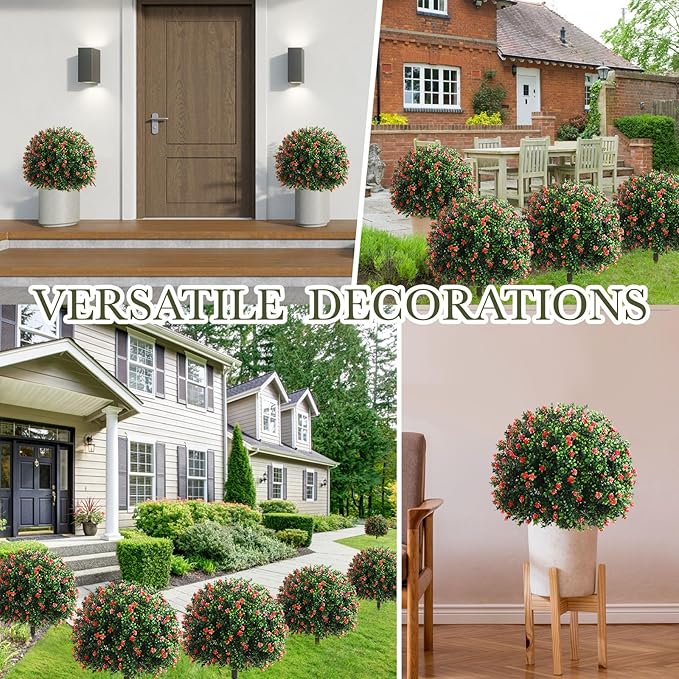 Yunlly Set of 2 Artificial Boxwood Topiary Ball Tree Fake Bushes Shrubs Outdoor Faux Plant with Ground Spike Flowers UV Resistance Greenery for Front Porch Garden Patio Indoor(Red,27x18inch)