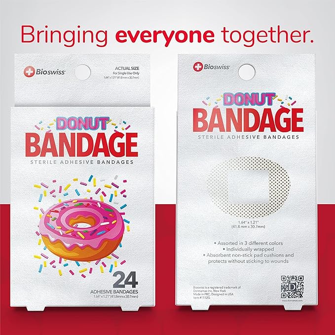 BioSwiss Bandages, Donut Shaped Self Adhesive Bandage, Latex Free Sterile Wound Care, Fun First Aid Kit Supplies for Kids, 24 Count