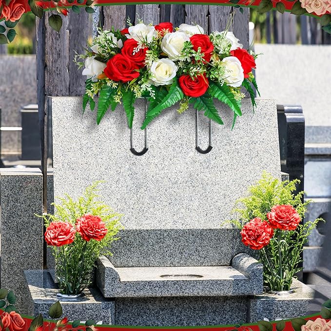 Christmas Cemetery Decorations for Grave Headstone Flower Saddle Artificial Flower Saddles Red Poinsettia Outdoor Memorial Headstone Realistic Bouquet(Fresh Color,Butterfly Style)