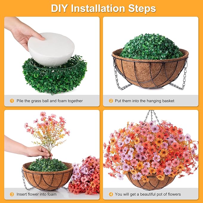 Artificial Fake Hanging Flowers Plants with Basket Outdoor, Faux Silk Colorful Daisy Metal Coconut Lining Plastic Shrubs, Farmhouse Home Garden Patio Yard Decor (Orange Yellow Purple Pink)