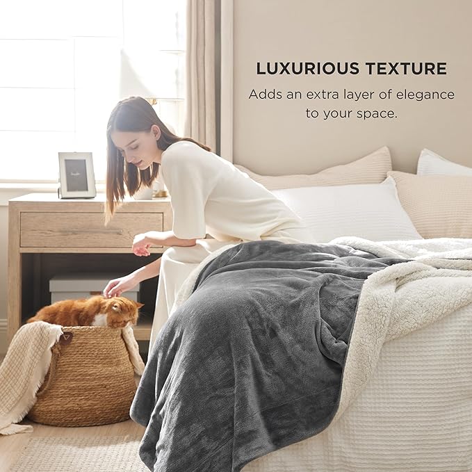 Bedsure GentleSoft Sherpa Fleece Blankets Queen Size for Bed - Thick and Warm Throw for Women and Men, Soft Fuzzy Plush Queen Blanket for Winter, Grey, 90x90 Inches
