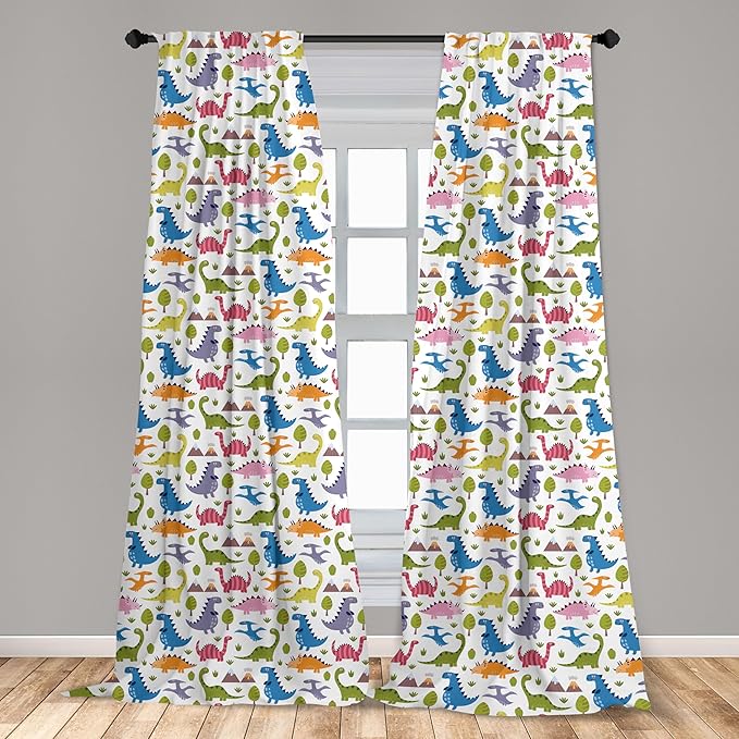 Ambesonne Dino Window Curtains, Cartoon Style Colorful Dinosaurs T-Rex Triceratops Prehistoric Reptile Wildlife, Lightweight Decor 2-Panel Set with Rod Pocket, Pair of - 28" x 95", Blue Green