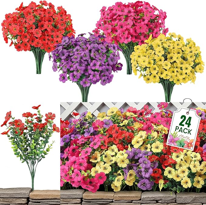 24 Bundles Artificial Flowers for Outdoor Indoor Garden Home Decoration, Look Real for Front Door Porch Patio Yard Balcony, Faux Flower Daisy with Eucalyptus Leaves Fake Plants, 4 Colors