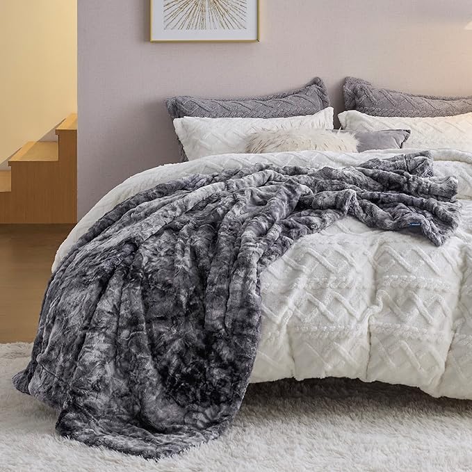 Bedsure GentleSoft Sherpa Fluffy Blanket Twin Size - Fleece Warm and Cozy Throw for Women Gift, Plush & Fuzzy Faux Fur Christmas Blanket for Couch, Sofa, Bed Decor, Tie Dye Design, Grey, 60x80 Inches