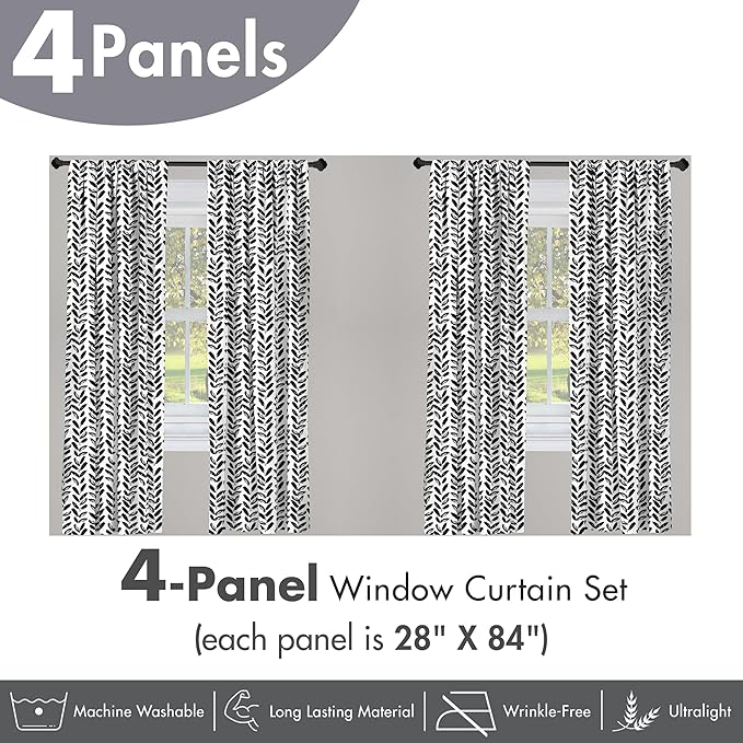Ambesonne Black and White Window Curtains Pack of 2, Modern Grunge Botany Motif Monochrome Brush Paint Style Strokes, Lightweight Set with Rod Pocket, 4 Panels of - 28" x 84", White and Black