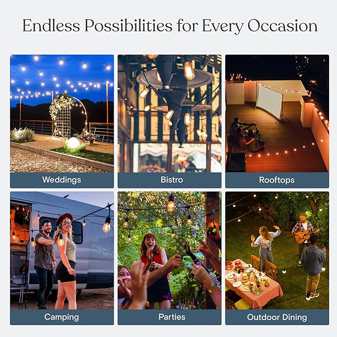 Brightech Ambience Pro LED String Lights - 26 Ft Patio Lights Outdoor Waterproof - Globe Porch String Lights for Outside, Christmas, Backyard - 12 Bulbs, 1W Vintage Edison, Warm White Black