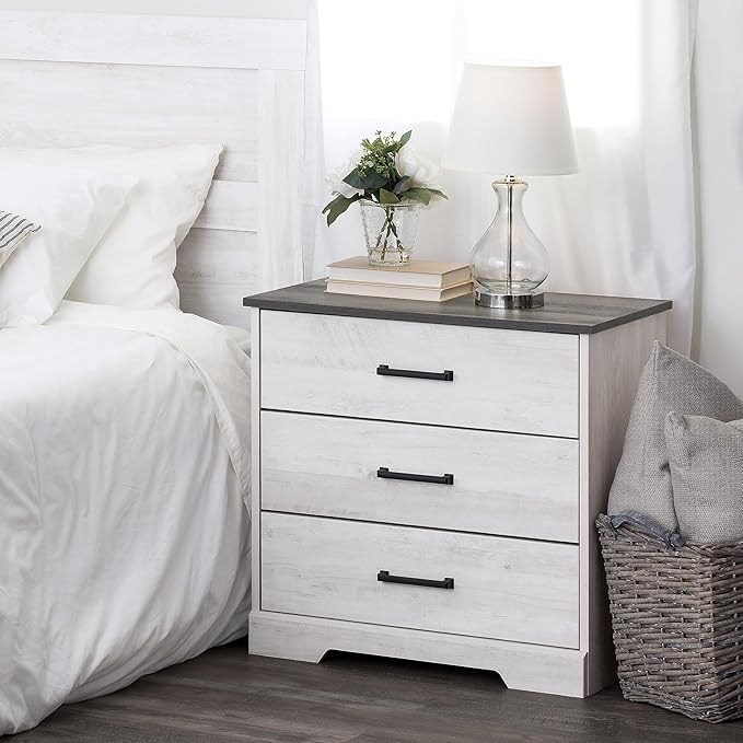 Prepac Rustic Ridge Farmhouse 3-Drawer Nightstand, Chest of Drawers for Bedroom, Wooden Bedroom Dresser with 3 Storage Drawers, 16.25in x 27.5in x 26.75in, Washed White