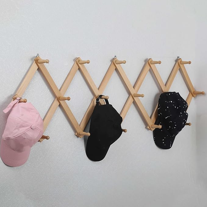 WEBI Accordion Wall Hanger,Expandable Wooden Coat Rack Wall Mounted,Accordion Hat Rack for Wall Rack for Hats,Caps,16 Peg Hooks,Natural