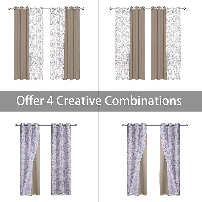 BONZER Mix and Match Curtains - 2 Pieces Branch Print Sheer Curtains and 2 Pieces Blackout Curtains for Bedroom Living Room Grommet Window Drapes, 37x63 Inch/Panel, Taupe, Set of 4 Panels