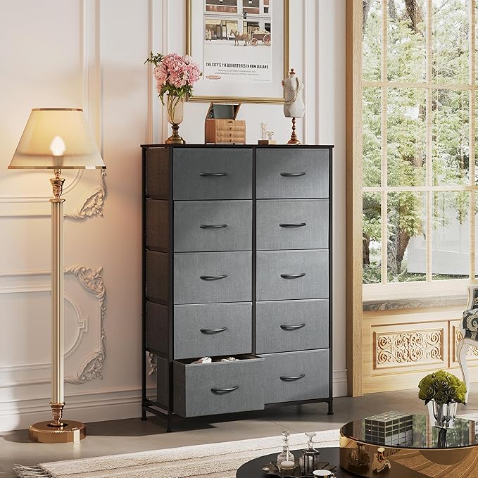 WLIVE Grey Dresser for Bedroom with 10 Fabric Drawers, Tall Organizer Units for Living Room, Clothing, Closet, Storage Tower with Cabinet, Metal Frame, Wooden Top, Furniture