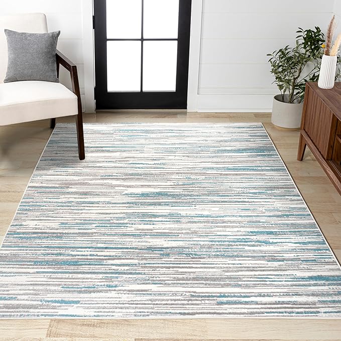JONATHAN Y Speer Abstract Linear Stripe Gray/Blue Indoor Area Rug, 4x6, Contemporary, Rustic, Easy-Cleaning for Living Room, Bedroom, Kitchen, Pet Friendly, Non-Shedding (LUX106A-4)