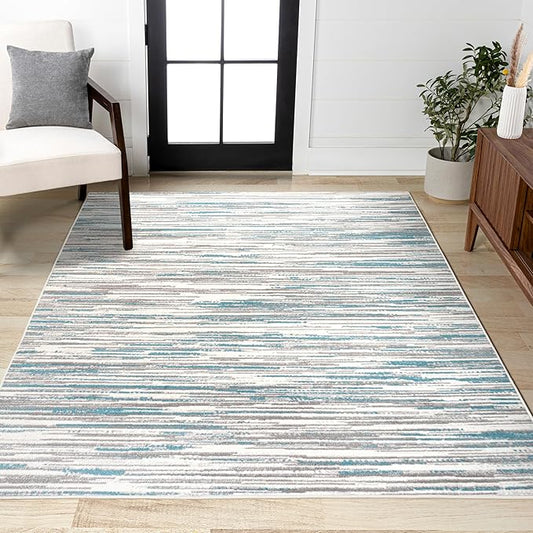 JONATHAN Y Speer Abstract Linear Stripe Gray/Blue Indoor Area Rug, 4x6, Contemporary, Rustic, Easy-Cleaning for Living Room, Bedroom, Kitchen, Pet Friendly, Non-Shedding (LUX106A-4)