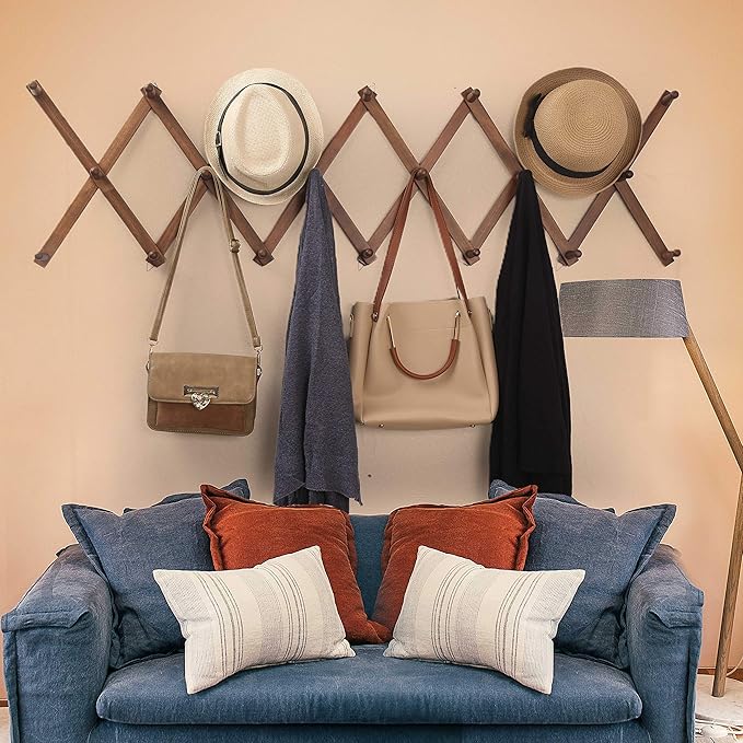 WEBI Accordion Wall Hanger,Expandable Wooden Hat Rack for Wall Mounted Coat Rack,Accordion Hat Hooks Holder for Baseball Caps,17 Peg,Rustic Brown,2 Packs