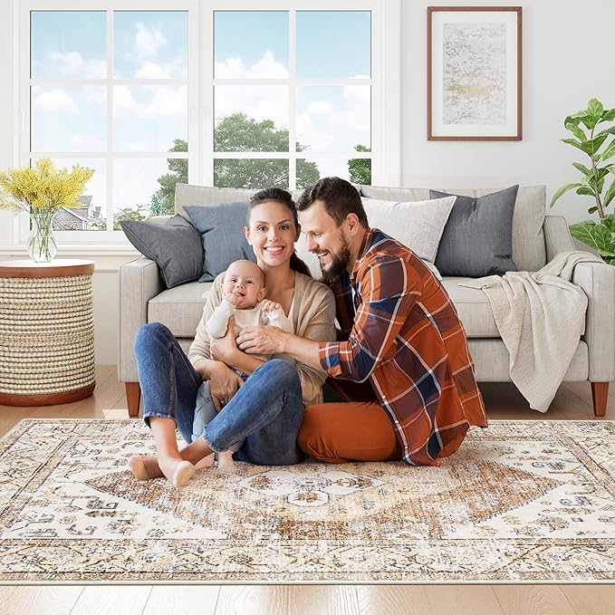 Lahome 9x12 Area Rugs for Living Room - Boho Non-Slip Washable Carpet Ultra-Thin Large Rug Lightweight Throw Foldable Dining Room Mat，Farmhouse Neutral Print Carpet for Bedroom Guest Room (Taupe)