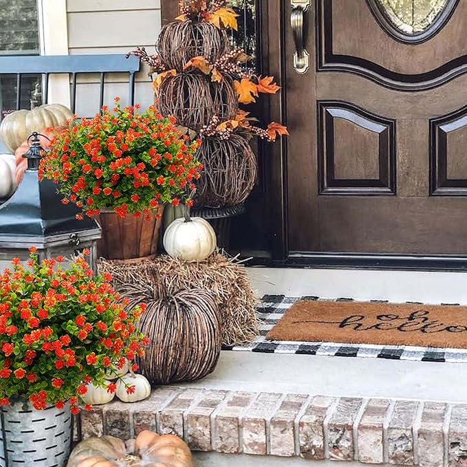 Artificial Mums Fall Flowers for Outdoors Fake Plants, 16 Bundles Faux Eucalyptus Flower Plants UV Resistant No Fade Faux Shrubs Home Garden Thanksgiving Porch Patio Autumn Decoration