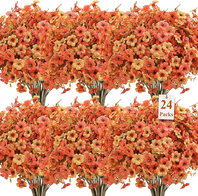 SHareconn 24 Bundles Artificial Fall Flowers for Outdoors Decoration, UV Resistant Silk Eucalyptus Lavender Faux Autumn Fake Plants for Outside Indoor Garden Yard Porch Home Decor, Autumn Orange-Red
