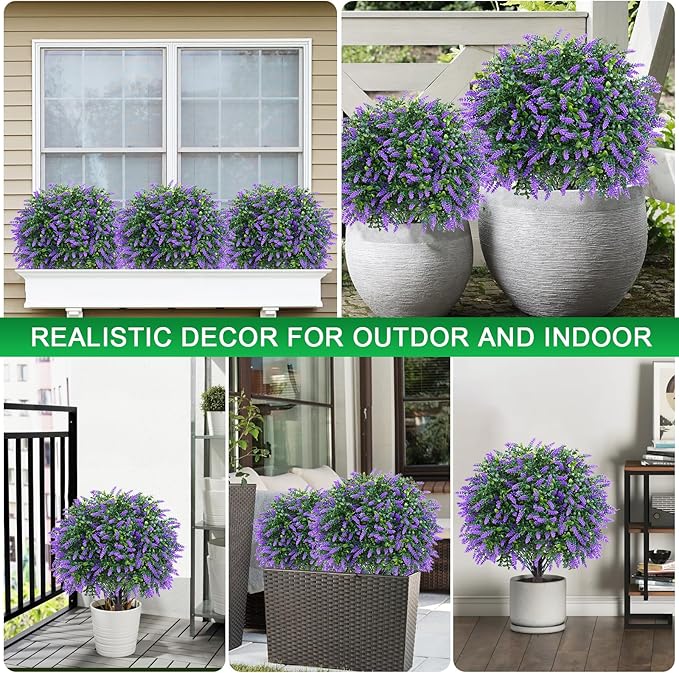 Artificial Lavender Topiary Ball Trees,2 Set of 16'' UV Resistant Fake Evergreen Shrubs Bushes Plants with Ground Spike, Fake Plants for Outdoor Indoor Front Porch Garden