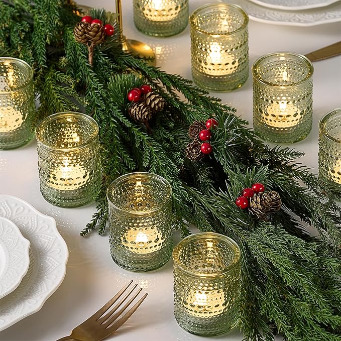 24 Pack Clear Glass Votive Candle Holders, Vintage Candle Holder for Floating Candle, Tealight Candle Holder for Table Centerpieces Home Bridal Shower Birthday Christmas Table Decoration (Green)