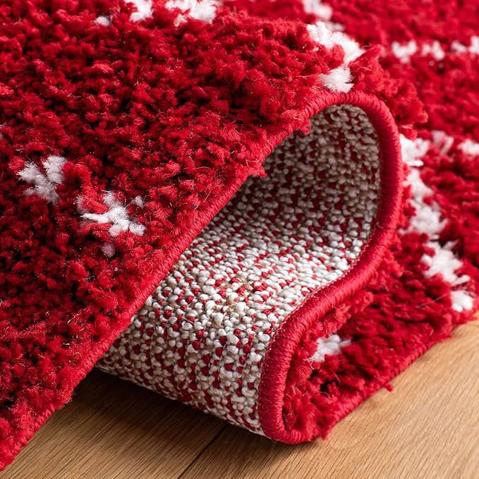 SAFAVIEH Arizona Shag Collection Area Rug - 6'7" Square, Red & Ivory, Moroccan Design, Non-Shedding & Easy Care, 1.6-inch Thick Ideal for High Traffic Areas in Living Room, Bedroom (ASG741Q)