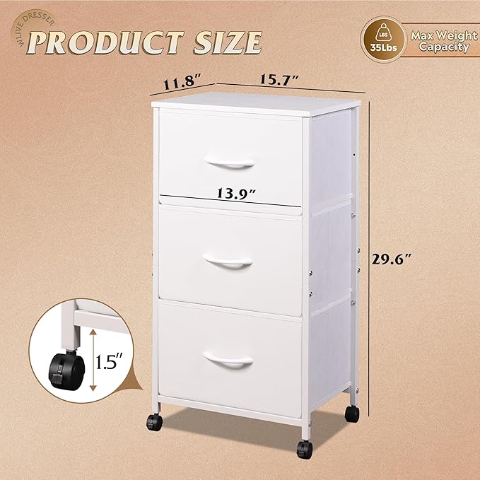 WLIVE Dresser with 3 Drawers, Fabric Nightstand, Cabinet with Wheels, Organizer Storage Dresser for Bedroom, Office, Entryway, Closets, Sturdy Steel Frame, Wood Top, Easy Pull Handle, White