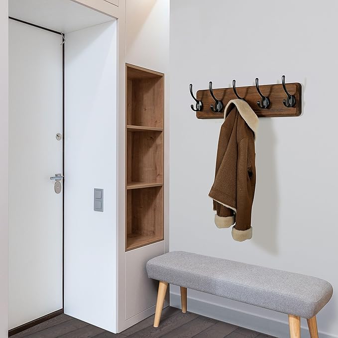 WEBI Coat Rack Wall Mount,Coat Hooks Wall Mounted,16" Hole to Hole,Coat Hanger Wall,Hook Rack Rail,5 Hooks for Hanging Jacket,Clothes,Hats,Rustic Brown