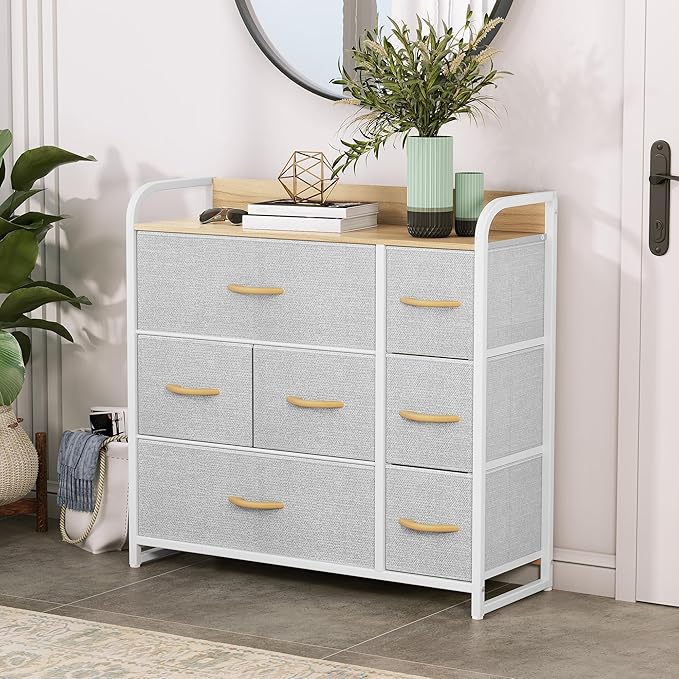 YITAHOME 7 Drawer Dresser, Storage Organizer with Shelves, Fabric Dresser, Chest of Drawers, Living Room, Closets, Sturdy Steel Frame, Wooden Top, Easy Pull Fabric Bins