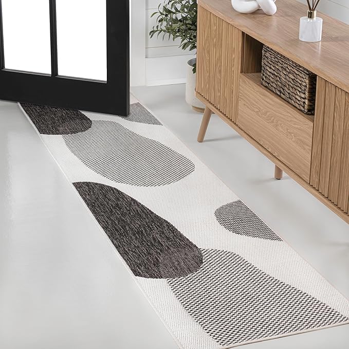 JONATHAN Y Geometric Organic Shapes Indoor Outdoor Runner Rug 2X8 Cream/Black, Zia Modern for Backyard, Patio, Porch, Easy-Cleaning, High Traffic, Pet-Friendly, Non-Shedding (TSN306A-28)