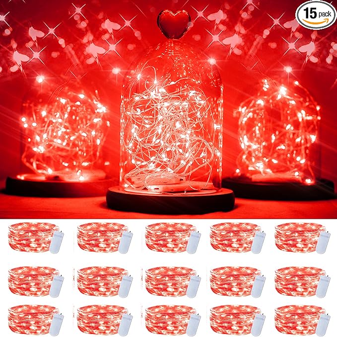 15 Packs 20 Led Red Fairy Lights Battery Operated 6.6ft Silver String Lights Waterproof Firefly Starry Light for Bedroom Dorm DIY Table Centerpieces Halloween Christmas Party Decor