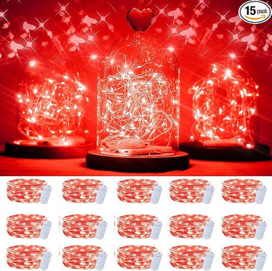 15 Packs 20 Led Red Fairy Lights Battery Operated 6.6ft Silver String Lights Waterproof Firefly Starry Light for Bedroom Dorm DIY Table Centerpieces Halloween Christmas Party Decor