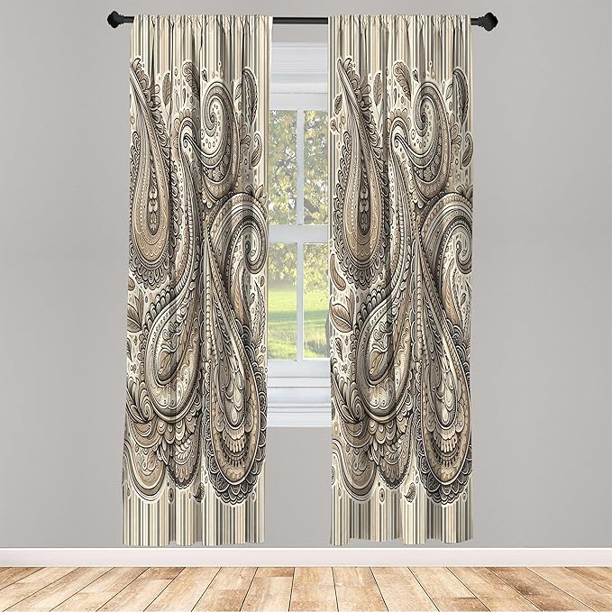 Ambesonne Paisley Curtains, Delicate Bohemian Leafy Motives on Stripes in Neutral Muted Colors, Window Treatments 2 Panel Set for Living Room Bedroom, Pair of - 28" x 95", Warm Taupe Ivory and Sepia