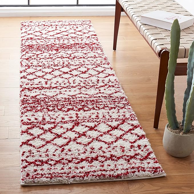 SAFAVIEH Arizona Shag Collection Area Rug - 6'7" Square, Ivory & Red, Moroccan Design, Non-Shedding & Easy Care, 1.6-inch Thick Ideal for High Traffic Areas in Living Room, Bedroom (ASG741P)