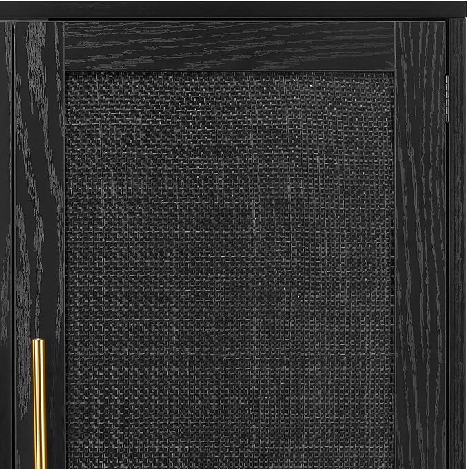 Finnhomy 4 Door Sideboard Buffet Cabinet, Kitchen Storage Buffet with Black Painted Rattan Decorated Doors, Cupboard Console Table, Boho Accent Liquor Cabinet, 62.3X 15.7X 34.6 Inches, Full Black
