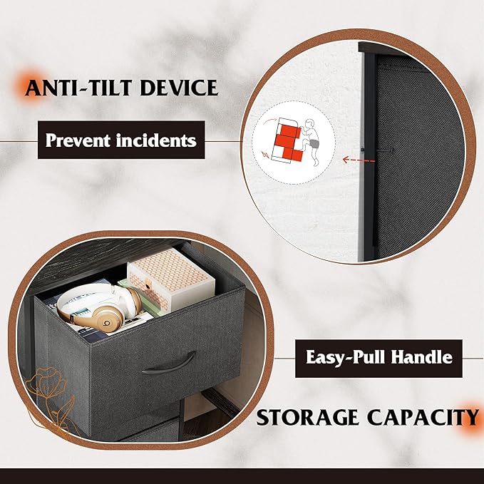 WLIVE Dresser with 3 Drawers, Fabric Nightstand, Organizer Unit, Storage Dresser for Bedroom, Hallway, Entryway, Closets, Sturdy Steel Frame, Wood Top, Easy Pull Handle, Charcoal Black