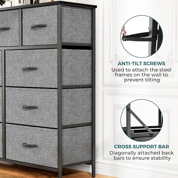 OLIXIS Dresser for Bedroom, 9 Storage Drawers, Tall Large Fabric Storage Tower Organizer, Chest of Drawers with Metal Frame Wooden Top for Nursery, Closet, Living Room, Entryway, Classic Grey