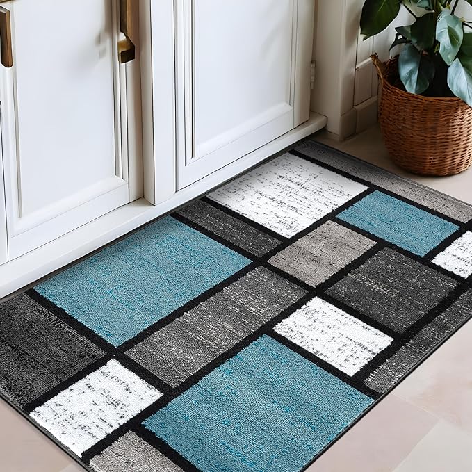 Rugshop Contemporary Modern Boxes for Home Office,Living Room,Bedroom,Kitchen Non Shedding Area Rug 2'7" x 4' Blue